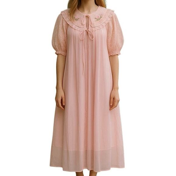 Vintage Pink Lace Nightgown Dress Coquette Cottagecore Lolita - Picture 2 of 16